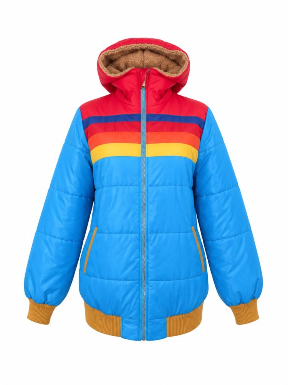 Blue Rainbow Stripe Hooded Puffer Jacket New